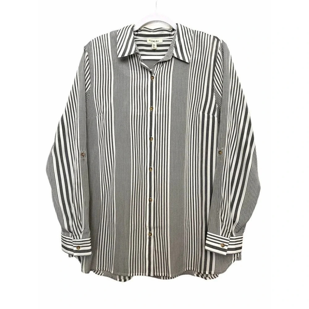 NEW Como Blu Women Shirt Large Black White Striped Roll Tab Button Down Office‎